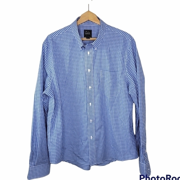 Jos. A Bank | Traveler Slim Fit Blue White Gingham Check Button Front Shirt - Picture 1 of 5